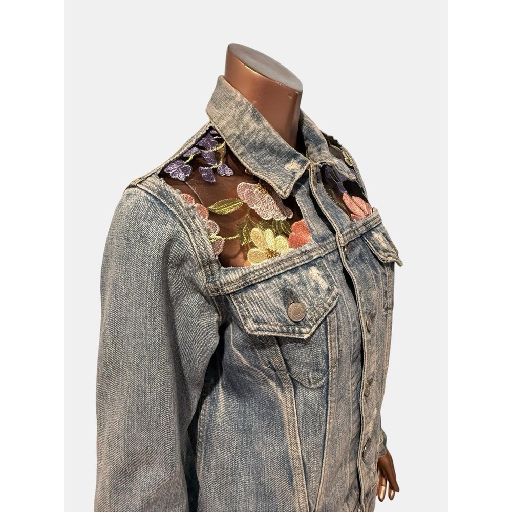 Vintage Floral Embroidered Mesh Patchwork Hippie Eclectic Denim Jacket Boho/2 - Picture 3 of 10